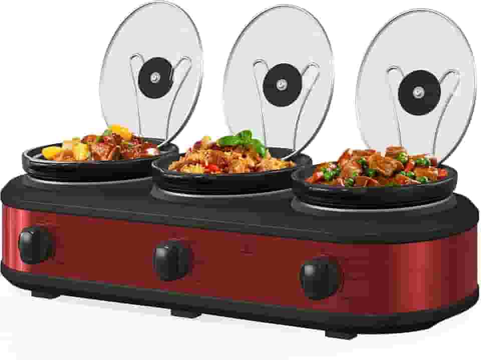 HEYNEMO Panela De Cozimento Lento Triplo, 3 X 1,5 Qt, Panela De Cozimento Dupla Portátil Pequena, Servidores E Aquecedores De Bufê, Laváveis Na Máquina De Lavar Louça, Panela De Cerâmica Removível,