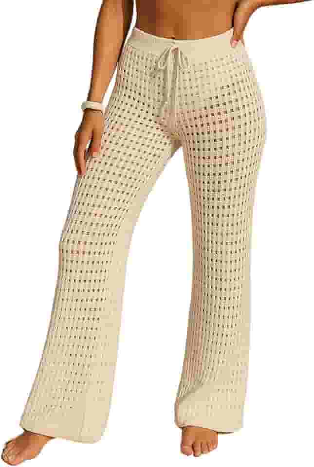 Saída De Praia Calça Tricot Crochê Pantalona Alto Verão Cintura Alta Moda Feminina