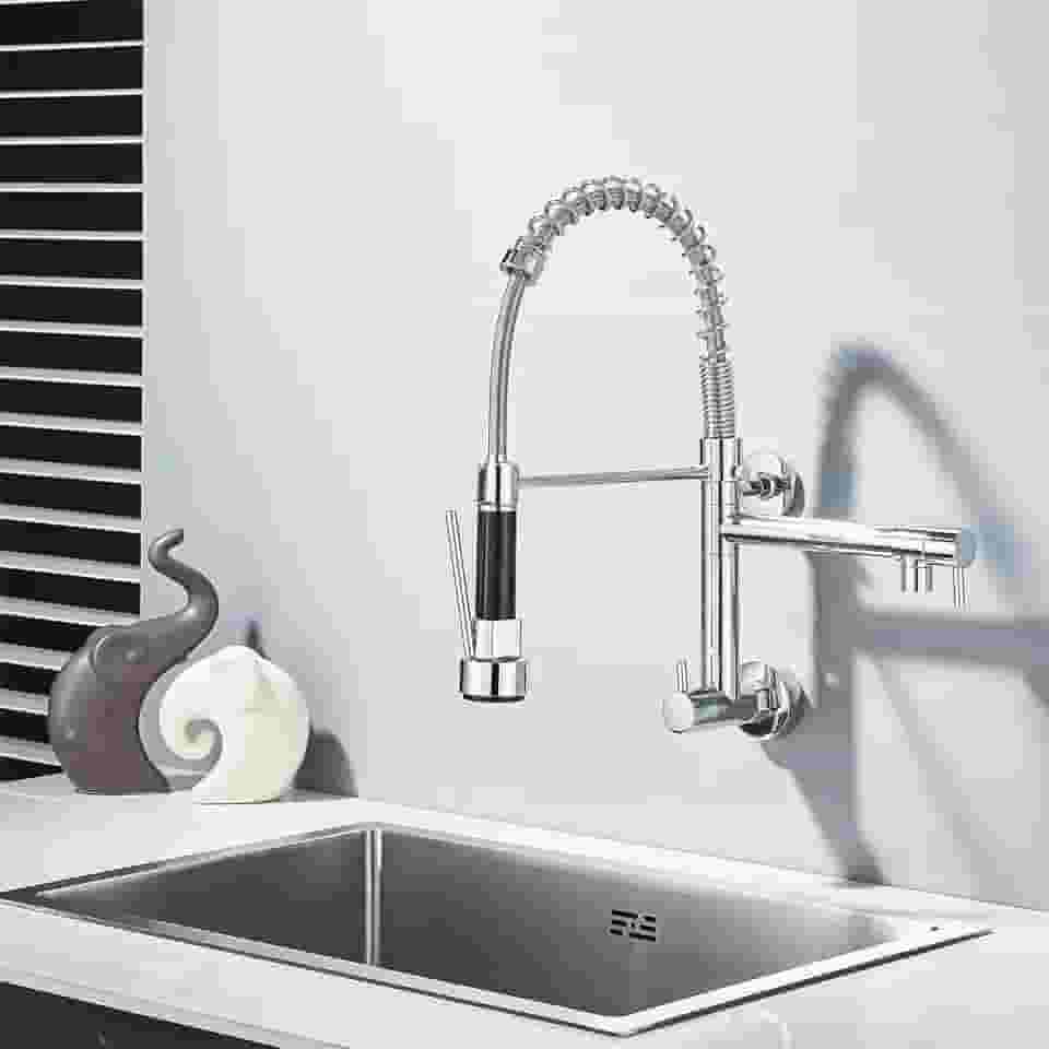 TINICO Torneira de Cozinha Gourmet Água Fria Única Com Misturador de Extraível, Torneira de Parede em Aço Inoxidável, Bicos Duplos, Rotação 360, Cromada