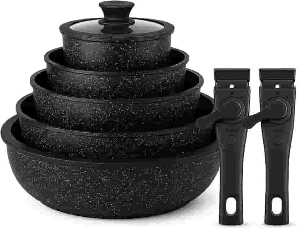 UCC Life Conjunto de Panelas 7 Peças Revestimento Granito Preto Alças Removíveis Compatível com Todos os Fogões