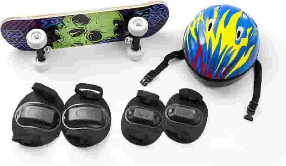Skate Infantil + Acessórios Segurança E Proteção Com 5 Itens Caveira Verde