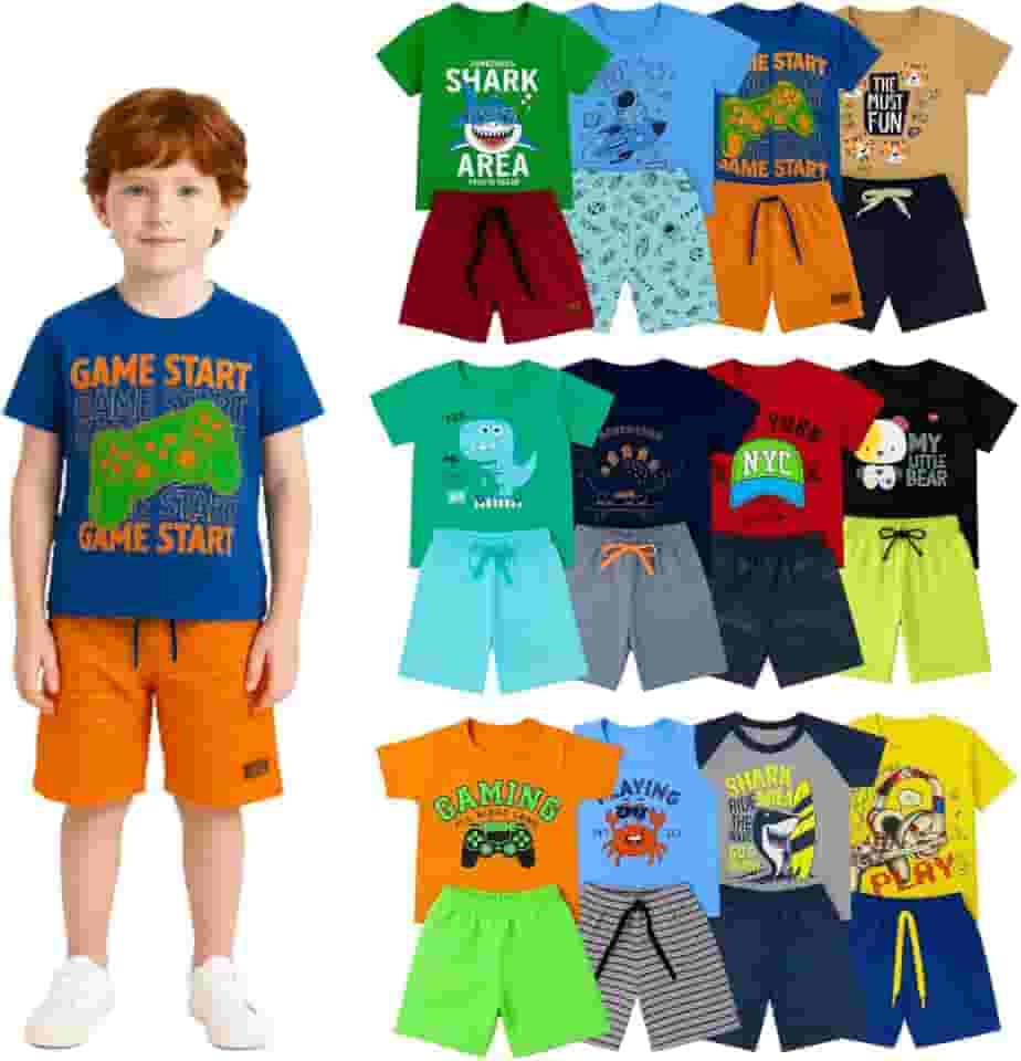 Kit 10 Peças Roupas Infantil Menino – Conjuntos de Verão com Camisetas e Bermudas, Leves e Confortáveis, Moda Infantil para Brincar e Passear 1 A 8 Anos
