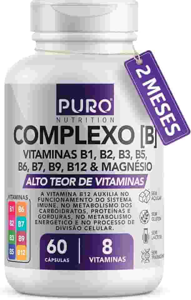 Complexo B Puro Nutrition – Vitaminas B1, B2, B3, B5, B6, B9, B12 e Magnésio, 60 Cápsulas