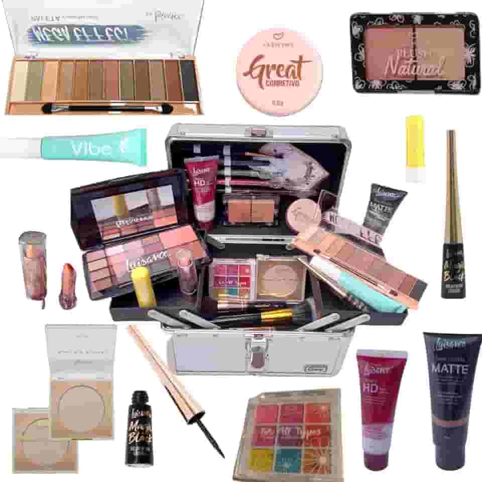 Maleta de Maquiagem Profissional Jasmyne Luisance Macrilan Rubys 129 Sombra Base Pincel Iluminador Lápis Pó Blush Primer Máscara Cílios Batom Lip Balm Demaquilante Delineador Esfumar Kabuki Completa
