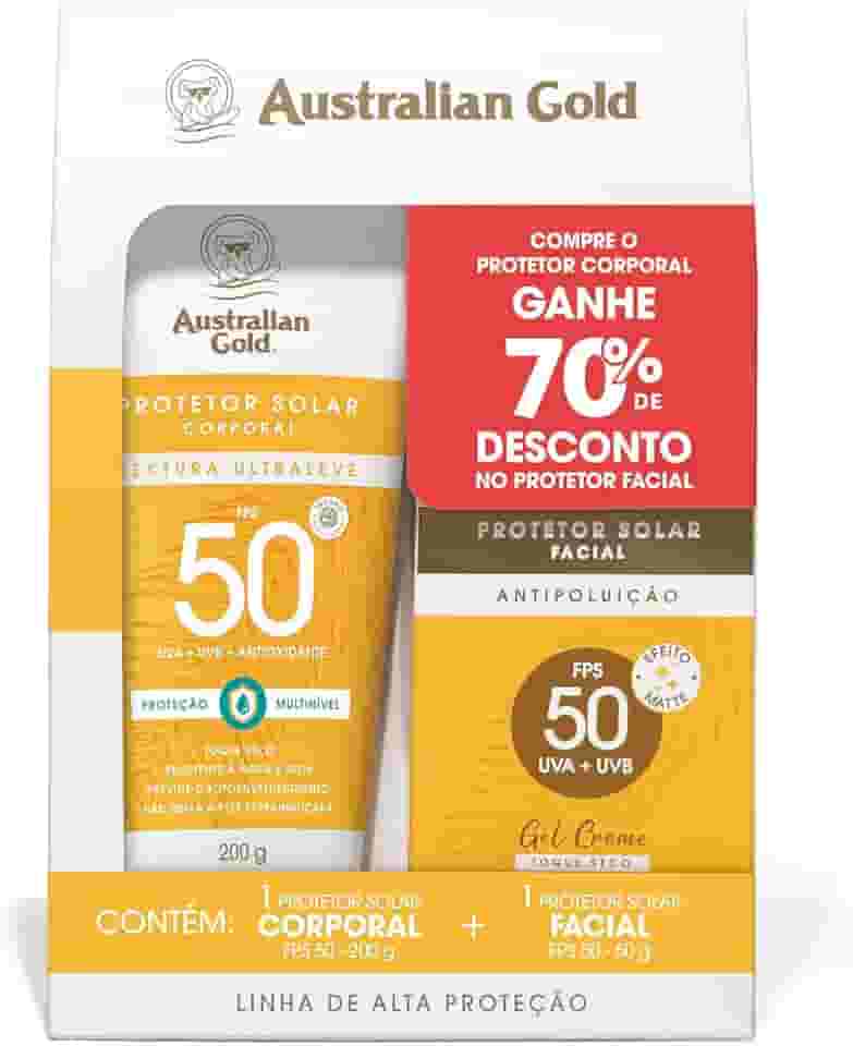 AUSTRALIAN GOLD PROMOPACK PROTETOR SOLAR GEL CREME CORPORAL/FACIAL FPS 50 200 G/ 50 G