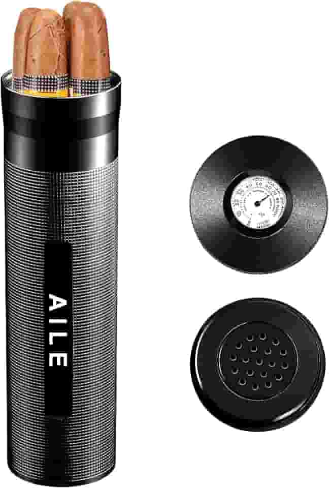 AILE Umidor de aço inoxidável para charutos, caixa de charuto, prata para viagem, tubo para 3 a 4 charutos, caixa de charutos portátil, higrômetro de charuto, ótimo presente para o amante (preto)