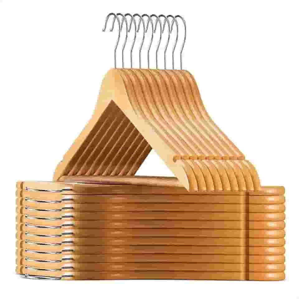 Kit 10 Cabides de Madeira com Verniz, para Calça, Casacos, Camiseta,Vestidos, Gancho Giratório, Marrom