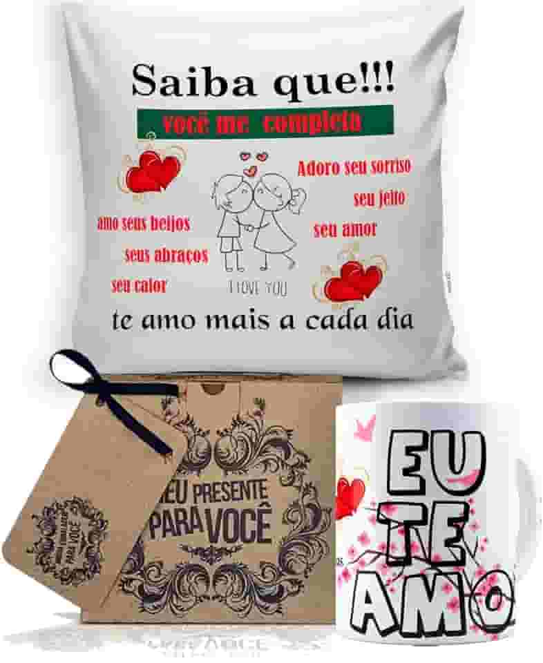 Almofada 40X40 + Caneca Branca Mundo Dos Namorados, Saiba Que Eu Te Amo, Saiba Que!!! Voc� Me Completa, Te Amo Mais a Cada Dia