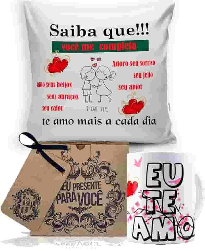 Almofada 40X40 + Caneca Branca Mundo Dos Namorados, Saiba Que Eu Te Amo, Saiba Que!!! Voc� Me Completa, Te Amo Mais a Cada Dia