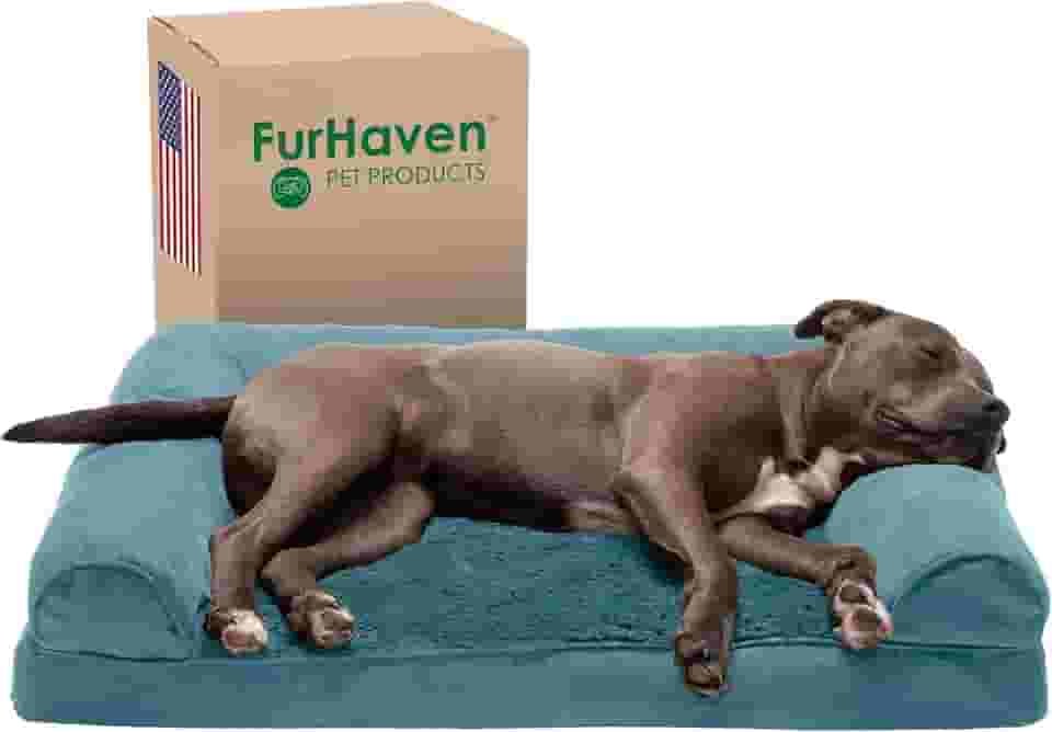Furhaven Cama ortopédica para cães grandes/médios com almofadas removíveis e capa lavável, para cães de até 25 kg - sofá de pelúcia e camurça - piscina profunda, grande