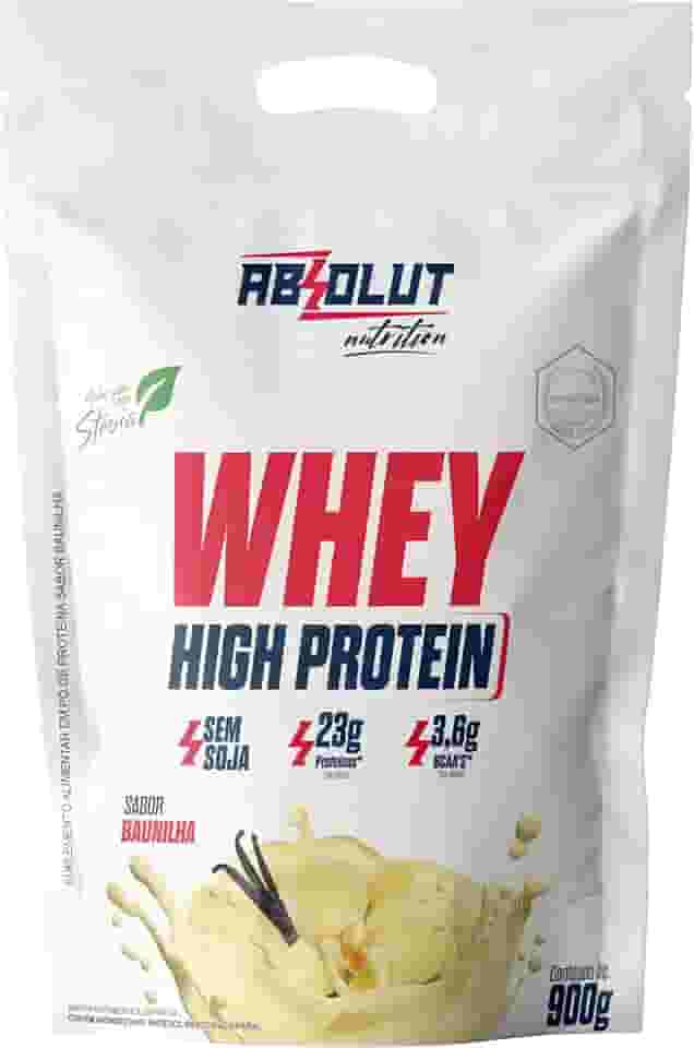 Absolut Nutrition, Whey high protein, 23 gramas de proteína, adoçado com stevia, Sabor baunilha, Pouch, 900 gramas