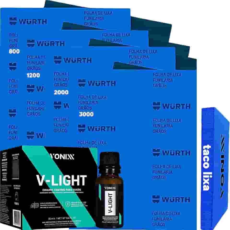 Kit Para Polir Restaurar e Tirar Amarelado do Farol e Lanternas V-Light 20ml Lixa Dagua Taco de Lixar Vonixx