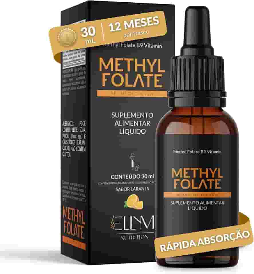 Vitamina B9 Metilfolato em Gotas Sublingual 30 mL ELLYM NUTRITION Sabor Laranja O Ácido Fólico Auxilia na Formação do Tubo Neural do Feto Durante a Gravidez (30 mL)
