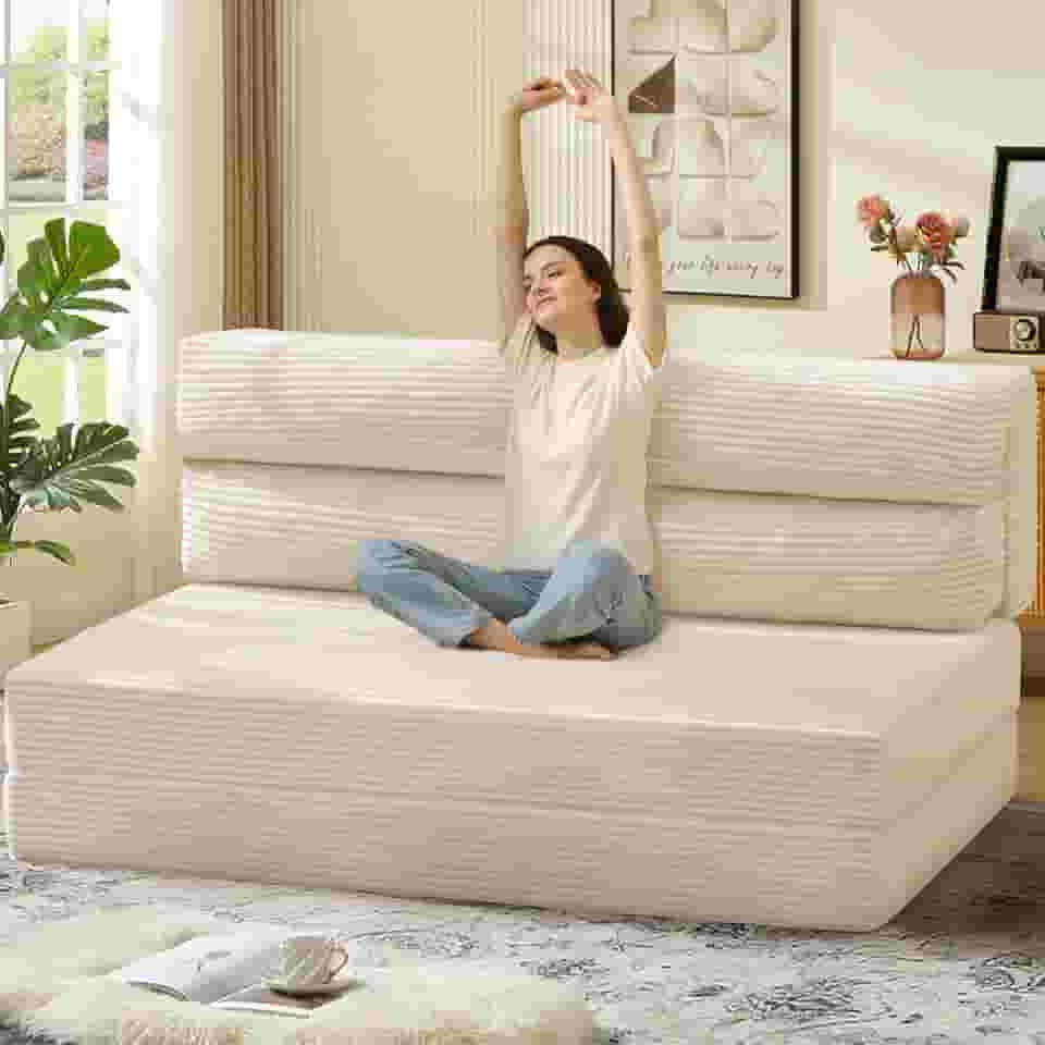 Sofá-cama dobrável, cadeira conversível com colchão dobrável Pilow, sofá 2 em 1, poltrona dobrável, portátil, cama, sofá, sala de estar, quarto (bege, queen)