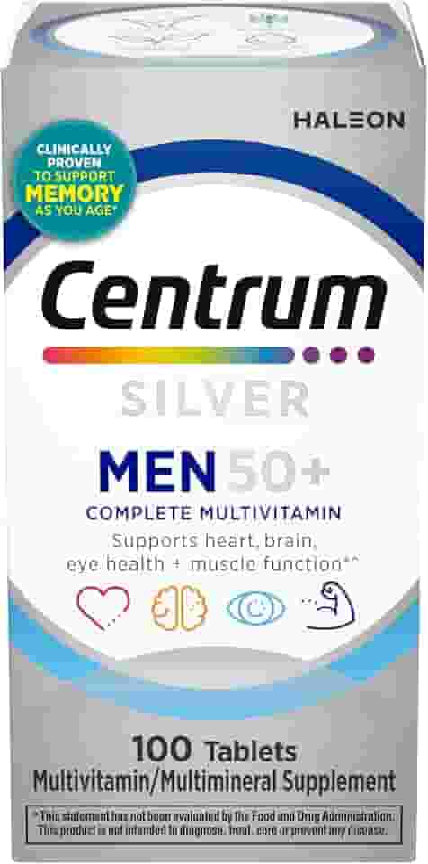 Centrum Multivitamínico prata para homens 50 Plus, suplemento multimineral, vitamina D3, vitaminas B e zinco, sem glúten, ingredientes não OGM, auxilia na memória e cognição em adultos mais velhos -