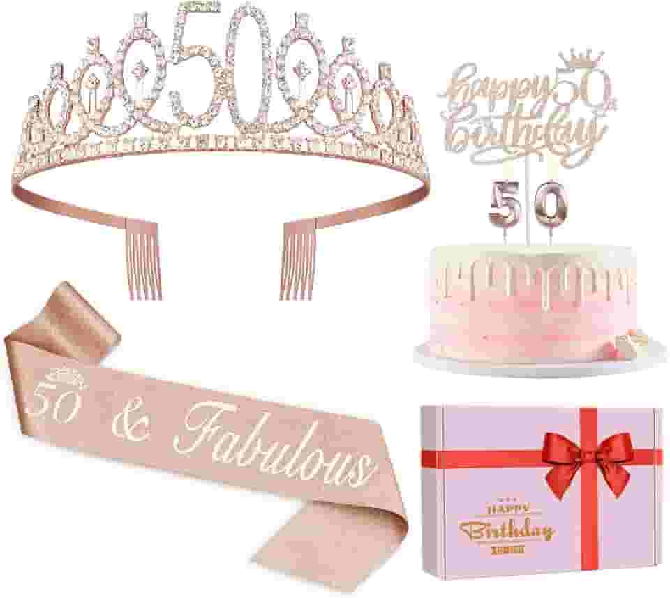 de 50 anos para mulheres, incluindo coroa/tiara de aniversário de 50 anos, faixa, topo de bolo e velas, decorações de aniversário de 50 anos femininas