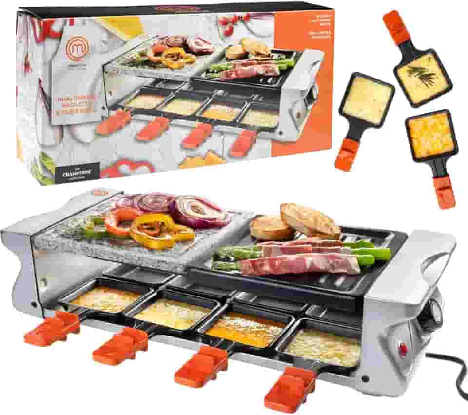 MasterChef Grelha elétrica de mesa Raclette com placa antiaderente para grelhar e pedra de cozinha - Fogão de mesa para 8 pessoas para uso interno, sem fumaça, churrasco coreano - queijo derretido