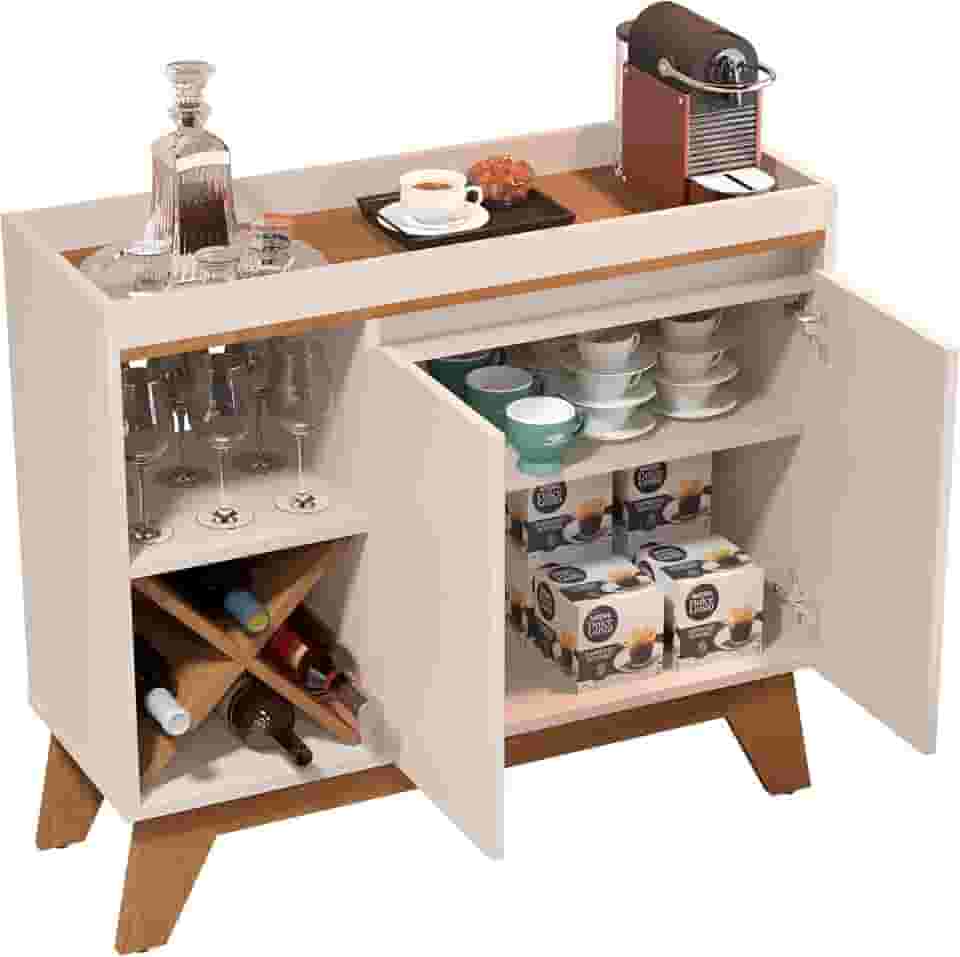 Aparador Buffet Barzinho Porto Belo Com Adega Para Bebidas Sala de Jantar (OFF WHITE/FREIJÓ)