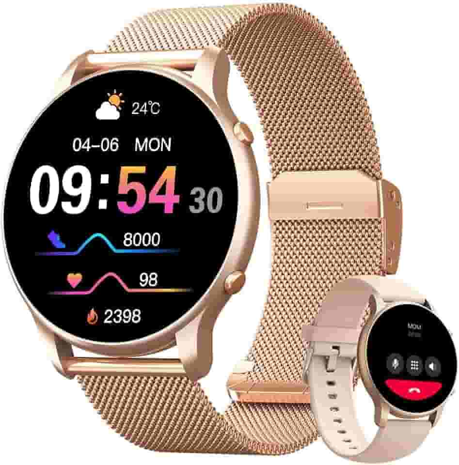 Relogio Smartwatch Feminino Redondo Tela Full Touch 1.32",IP68 à Prova d'Água,Ligações Bluetooth,100+Modos,Recebimento Notificações,Faz e Recebe Chamadas Funções Relógio Smartwatch Inclui 2 Pulseiras