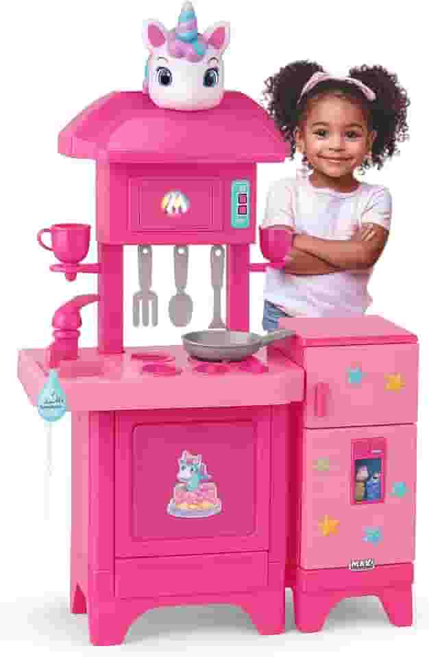 Cozinha Infantil Unicórnio Completa Pia com Água de Verdade e Ensaboador, Forno, Fogão, Geladeira e Acessórios Plástico Rosa - Magic Toys