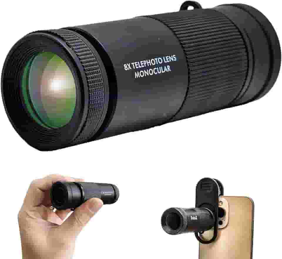 Telescópio monocular FotoZ 8X para iPhone e Android e a maioria dos smartphones, com lente teleobjetiva de zoom óptico de 8X e clipe universal de telefone de 17 mm e bolsa de armazenamento