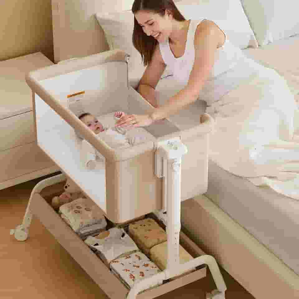 Berço de bebê 3 em 1, berço de balanço, berço de cabeceira para bebê, berço estável e seguro para recém-nascidos e bebês, 6 alturas ajustáveis com rodas, colchão e malha respirável (Cáqui)