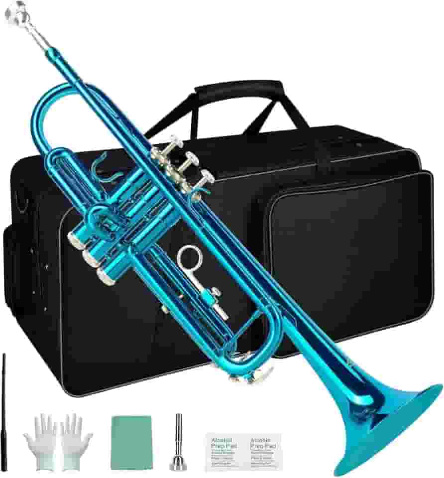 VEDO Kit para iniciantes de trompete em Si bemol, instrumento de sopro de metal para estudantes, estojo rígido, ferramentas de limpeza, bocal 7C e luvas. (Verde)