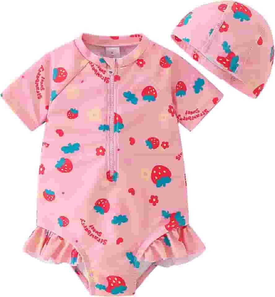 Maiô infantil para meninas com babado Rash Guard com zíper, manga curta, com chapéu, FPS 50+ 1-5T