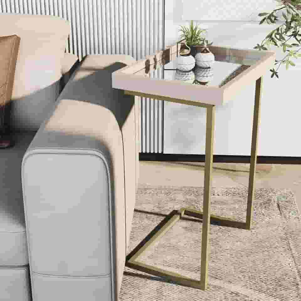 Mesa de Apoio Lateral para Sofá Bandeja Removível Estilo Moderno (Pérola/Dourado)