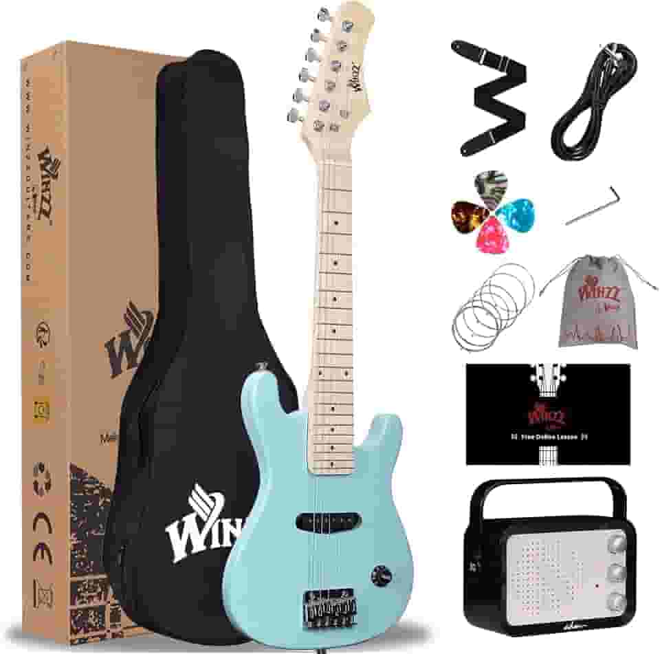 WINZZ Kit de guitarra elétrica infantil de 76 cm, mini guitarra elétrica para iniciantes com amplificador, estojo, cordas extras, palhetas, alça, cabo e chave inglesa, verde claro