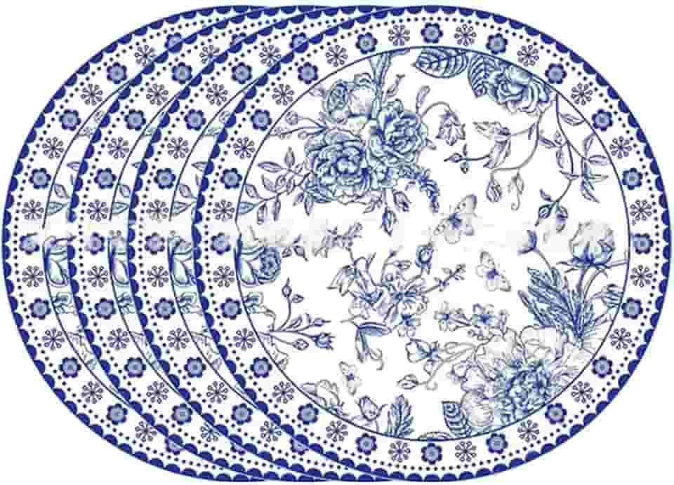 Jogo americano Qinghua porcelana retrô jogo americano azul floral linho adequado para mesas organizadas internas e externas