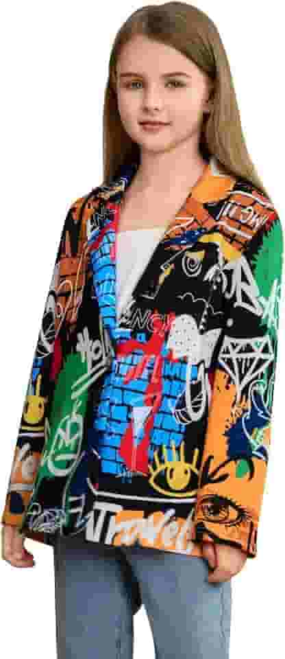 Blazer feminino com estampa de graffiti e botão, jaqueta casual com colarinho e manga comprida