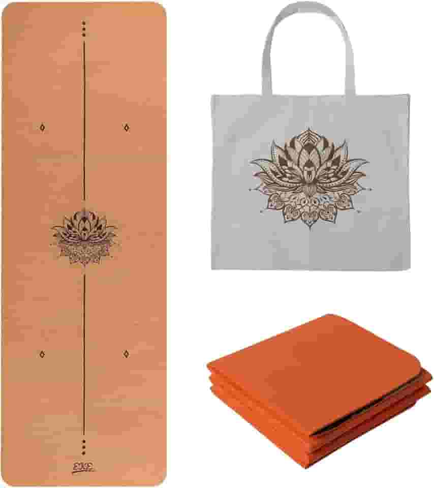 EKE Tapete de ioga dobrável de cortiça – Materiais antiderrapantes 100% recicláveis – Ecológico – Feito de cortiça e TPE – ideal para ioga quente 72 x 25 pol. x 5 mm com bolsa de transporte