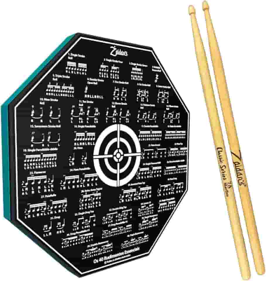 Kit Pad Estudo Bateria Praticável 8 Polegadas Ou 20cm Rudimentos Essenciais + Par de Baquetas Classic Series Zaidan's By Spanking (7A)