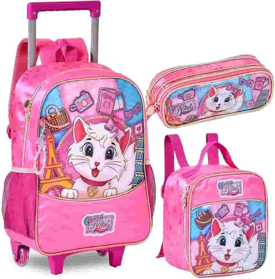 Kit Mochila Infantil Carrinho Rodinha Menina Gatinha Nini