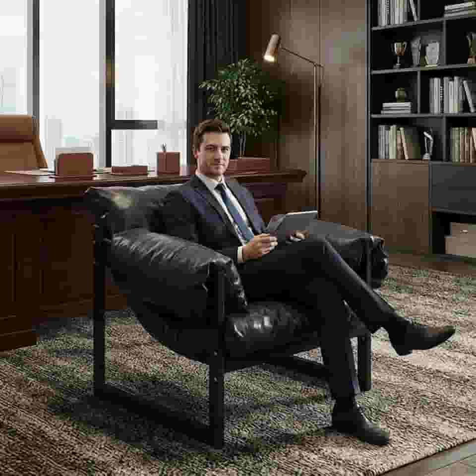 Poltrona do Presidente ampla de couro moderna para sala de estar, cadeira grande capacidade para pessoas altas, Poltrona confortável com base de madeira