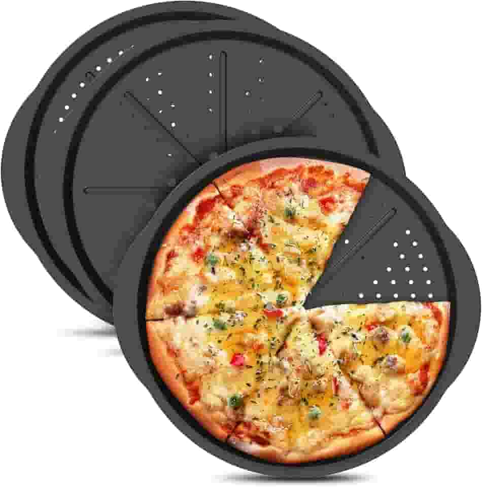 3 formas de pizza de aço carbono com furos para forno, bandeja de pizza redonda antiaderente de 33 cm com alças para fatias congeladas caseiras, pode ser lavada na lava-louças