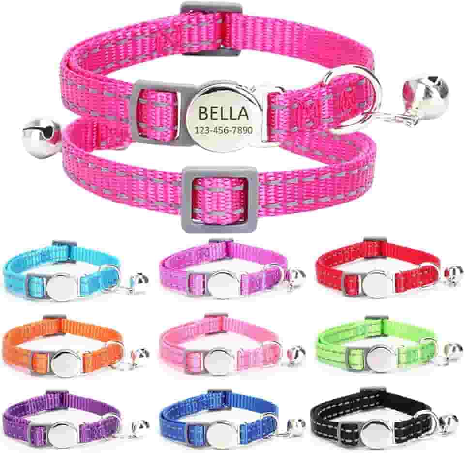 Coleira refletiva de gato gravada personalizada com nome e número de telefone, fivela ajustável personalizada e coleiras de identificação de sino para gatinhos e gatos