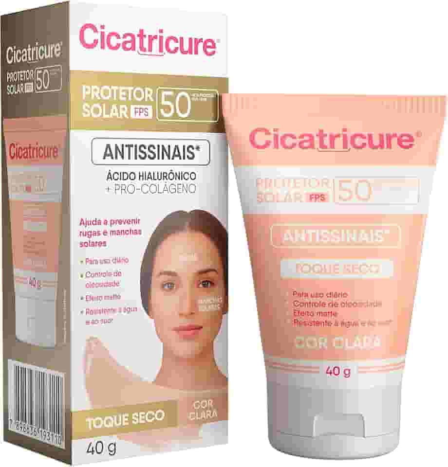 Cicatricure Protetor Solar Facial FPS 50 Antissinais Toque Seco Cor Clara, Previne Rugas e Manchas, Ultra Proteção UVA UVB, Ácido Hialurônico para Pele Oleosa, 40 ml