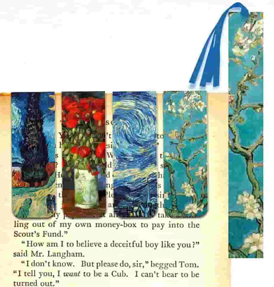 Kit 5 Marcadores de Página - 4 Magnéticos e 1 Marcador Slim Com fitinha - Obras de Vincent van Gogh (A Noite Estrelada, Amendoeira em Flor, Estrada com Cipreste e Estrela e Vaso com papoulas vermelhas)