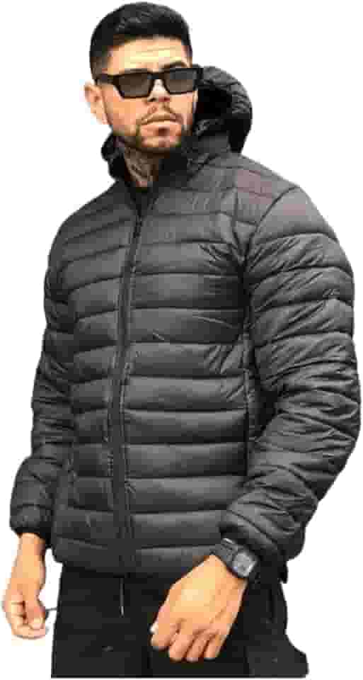 Jaqueta Puffer Masculina com Capuz, Cinza, Acolchoada, Zíper Frontal, Inverno