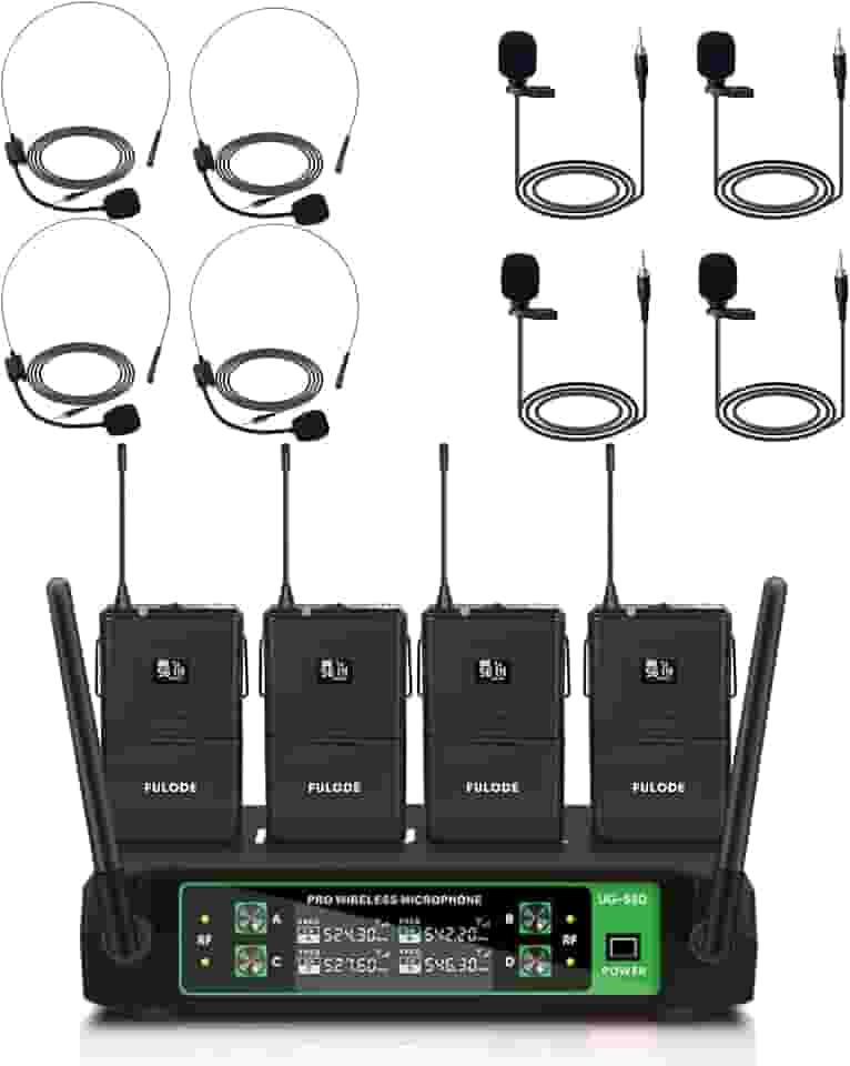Microfone de lapela sem fio UG-550, sistema de microfone sem fio UHF profissional de 4 canais com 4 microfones de lapela e 4 fones de ouvido para cantar, reunião, igreja, evento, TV,