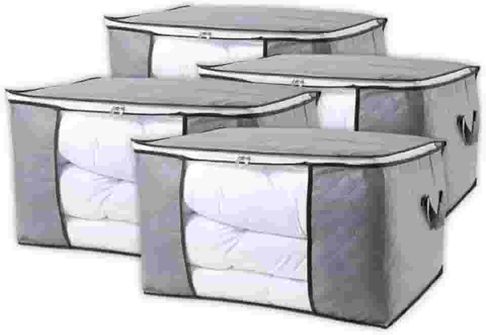 Kit 4 Organizadores de Armário Roupas Cobertores – Caixas Dobráveis Cinza, Zíper e Alças Laterais para Armário/Closet