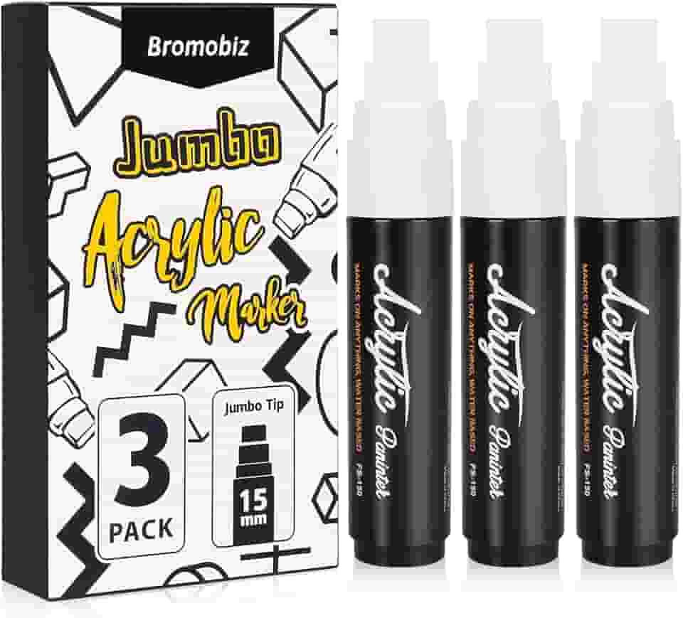 3 marcadores de pôster jumbo brancos, ponta de feltro grossa de 15 mm de largura, marcadores grandes de tinta acrílica para pintura em madeira, pedras, parede, plástico e metal, perfeitos
