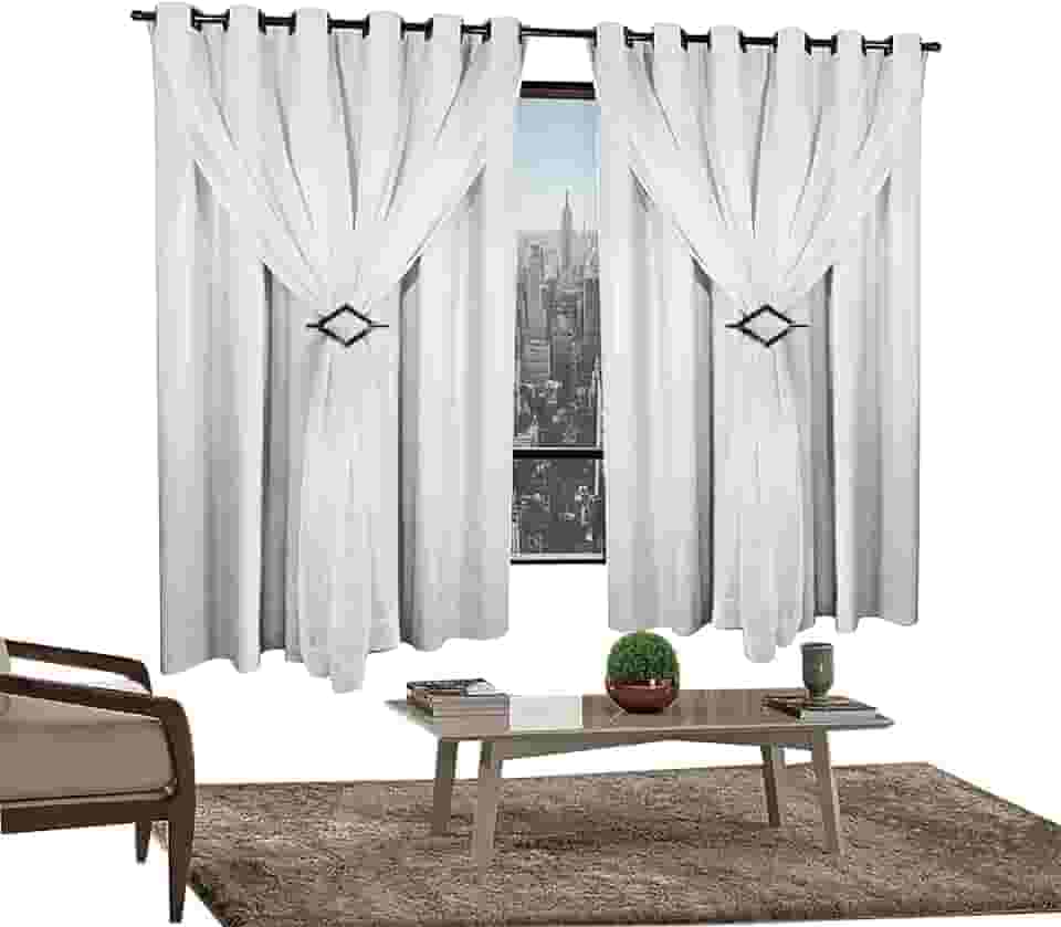 Cortina Corta Luz 2,00m X 1,80m 100% Blackout Com Voil Branco Para Sala Ou Quarto Varão Simples