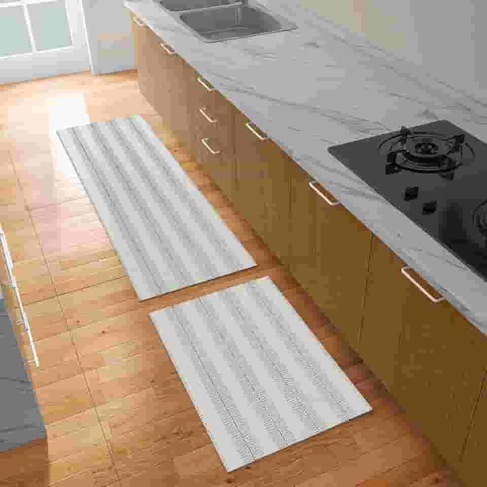 Kit Tapete Cozinha 2 Peças de Algodão com Antiderrapante Conjunto Passadeira 1,30m x 45cm Capacho 65cm x 45cm Trilho Cru Listrado Minimalista Rústico Lavável