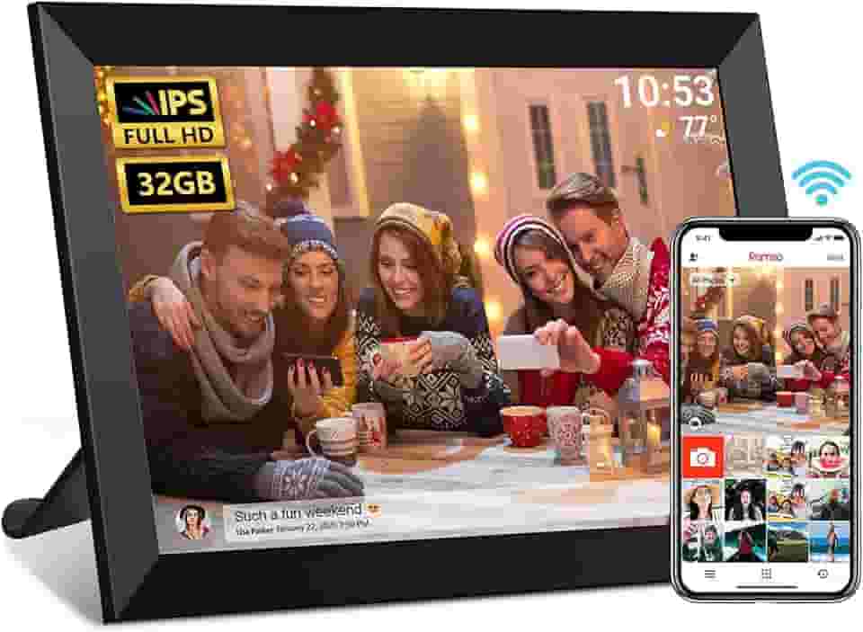 Moldura digital FRAMEO, porta-retrato digital Wi-Fi de 10,1 polegadas com tela sensível ao toque IPS de 1280 x 800, armazenamento integrado de 32 GB, fácil de compartilhar fotos ou vídeos via