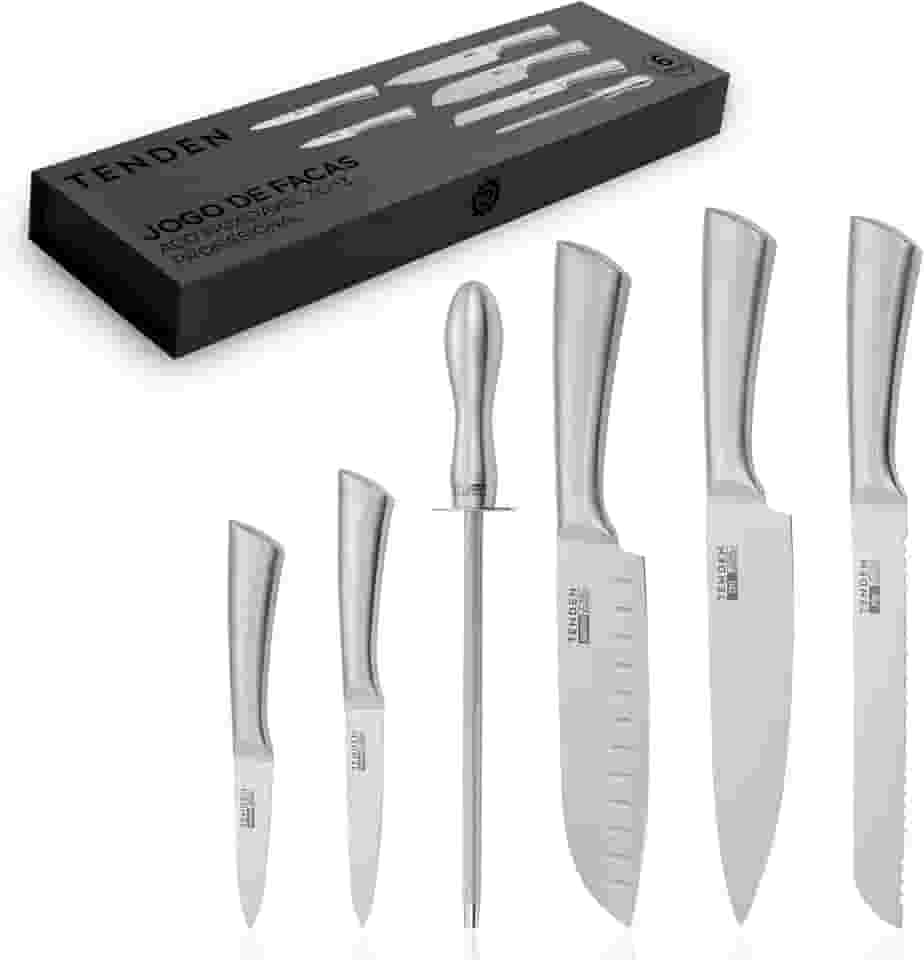Jogo de Facas Profissional 6 Peças Premium TENDEN – Conjunto de Facas de Cozinha Aço Inox 3Cr13. Kit com Faca Chef 8”, Santoku 7”, Pão 8”, Multiuso 5”, Precisão 3,5” + Chaira, Caixa Magnética Presente