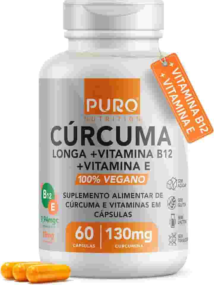 Cúrcuma em Cápsulas Puro Nutrition com Vitamina B12 + Vitamina E, 130mg Cúrcuma Longa por Porção, 60 Cápsulas Suplemento Vegano