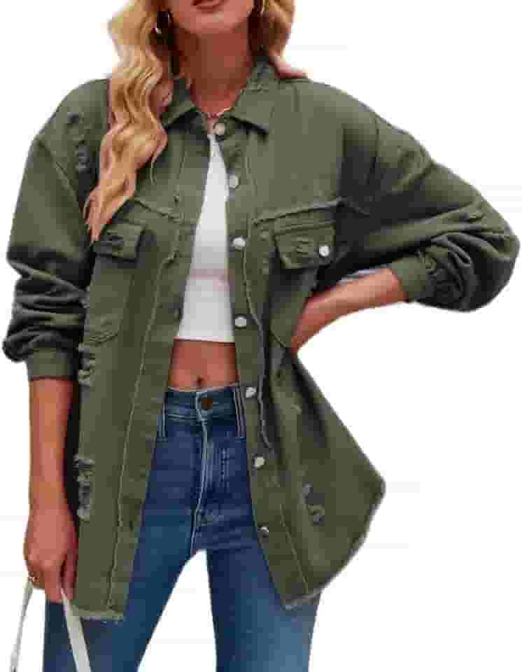 Jaqueta jeans feminina casual de botão grande, manga comprida, bainha desgastada, jaqueta moderna ocidental